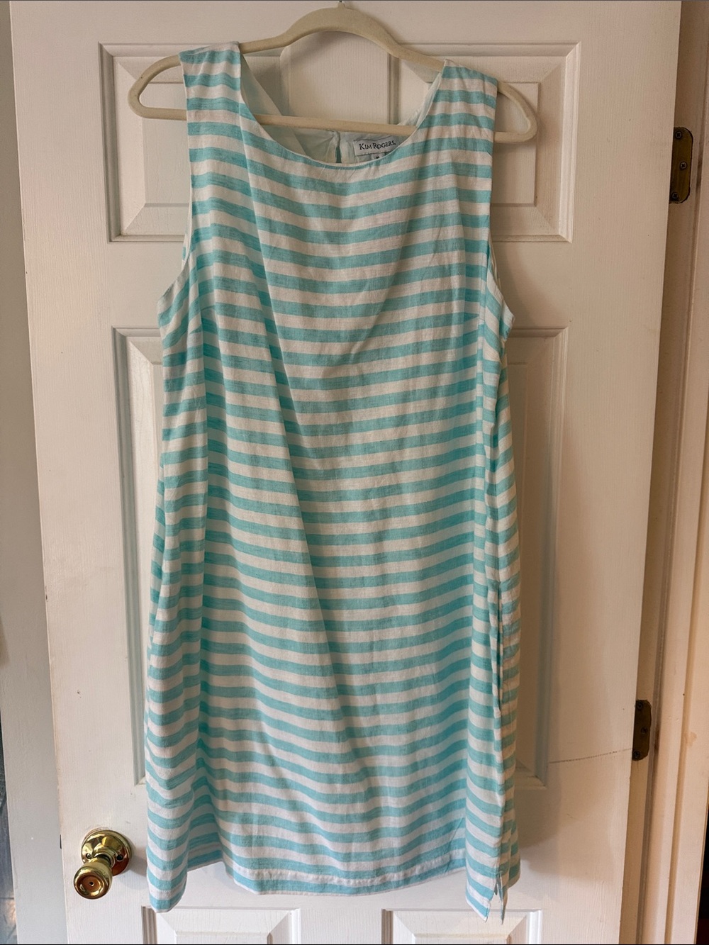 Kim Rogers Aqua and White Striped Sleeveless Shift Dress